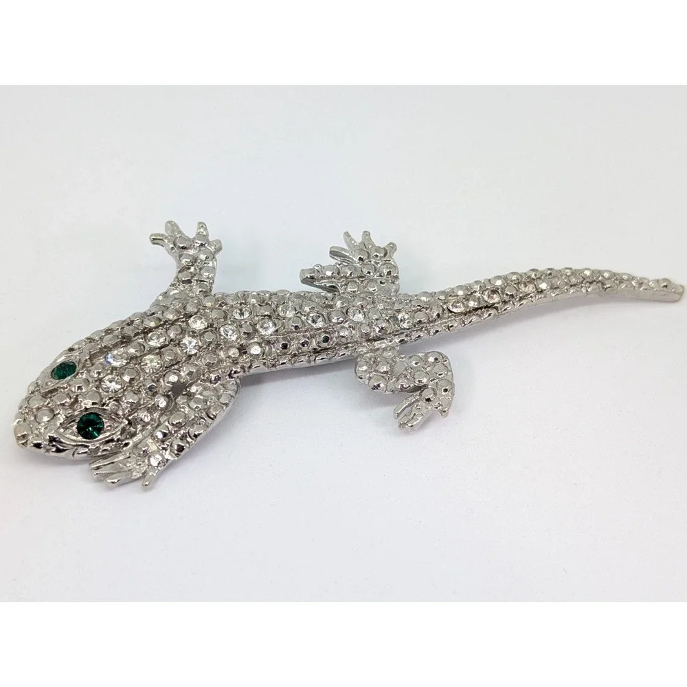 Antique Art Deco 1920-1930's Rhinestone‎ Lizard Brooch Pin Long Green Eyes